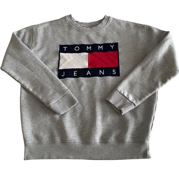 Vintage Y2K Tommy Jeans Tommy Hilfiger Logo Patch Sweatshirt Gray Size Small - Picture 1 of 7